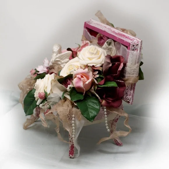 Shabby Chic Floral Arrangement in Upcycled Jewelry Box, Bird. Roses, Faux pearls